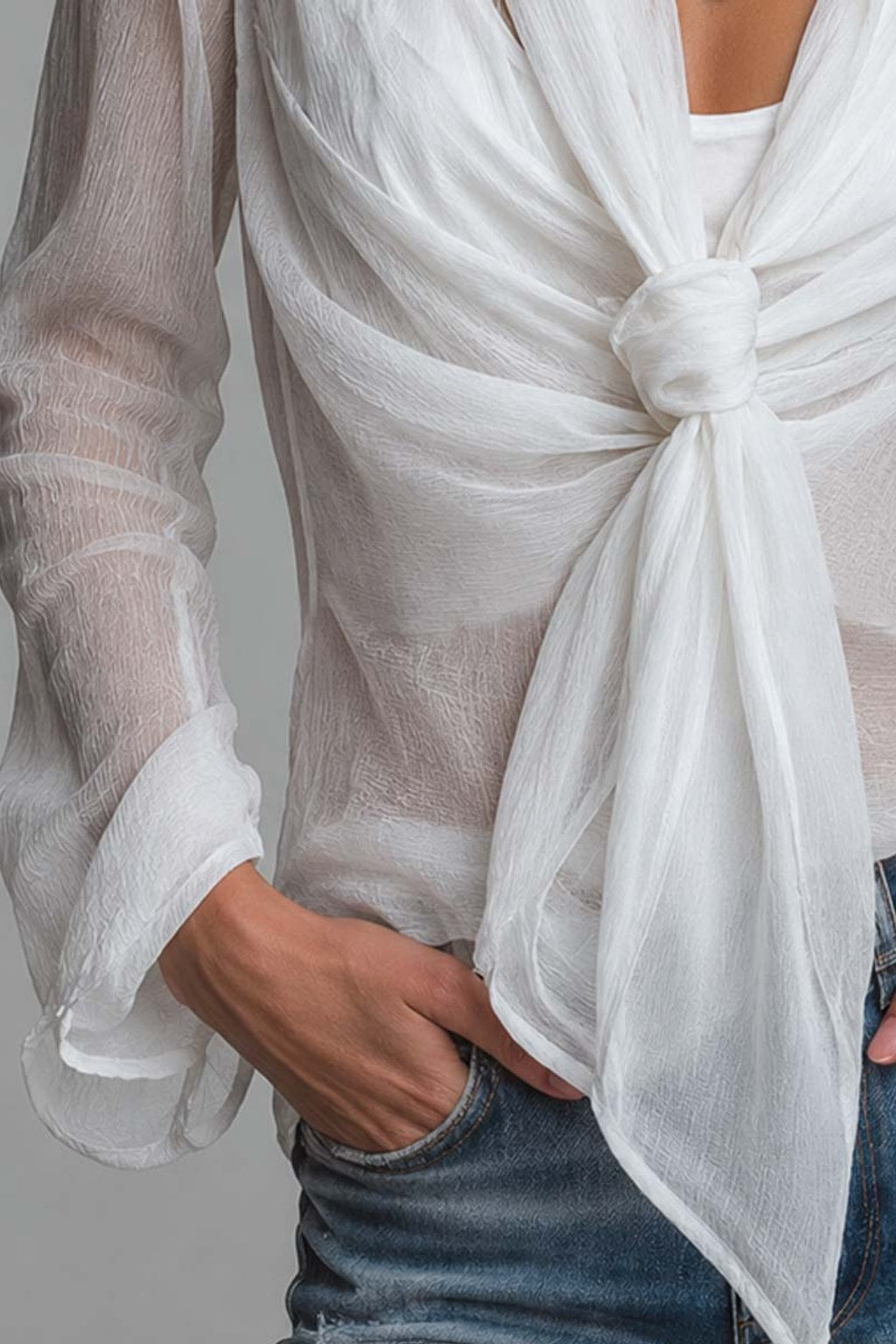 Chiffon Long Sleeve Blouse with Wrap Front Tie - 6