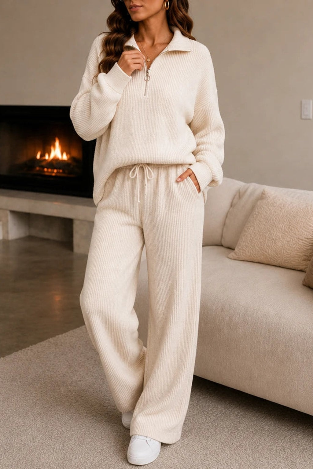 Polyester Knit Loungewear Set With Half-Zip Top - 6