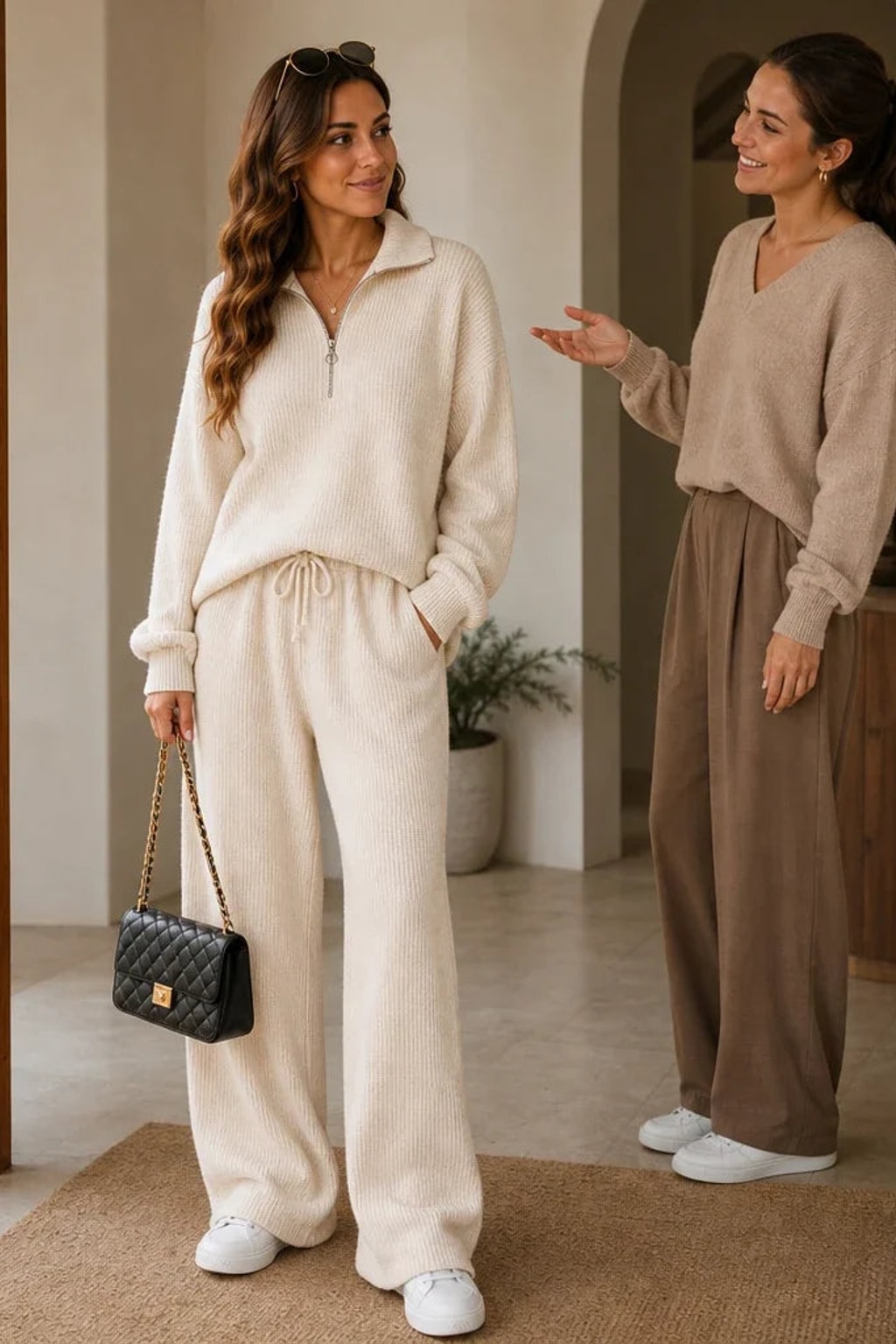 Polyester Knit Loungewear Set With Half-Zip Top - 12