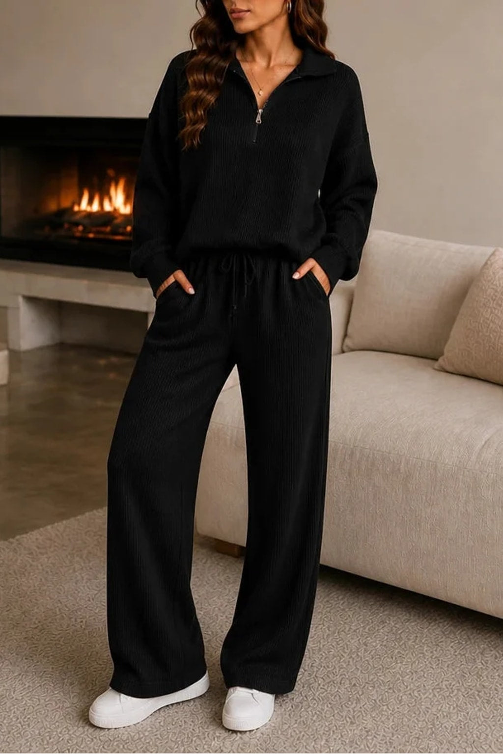 Polyester Knit Loungewear Set With Half-Zip Top - 2