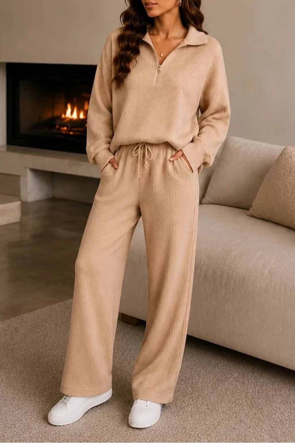Polyester Knit Loungewear Set With Half-Zip Top - 8