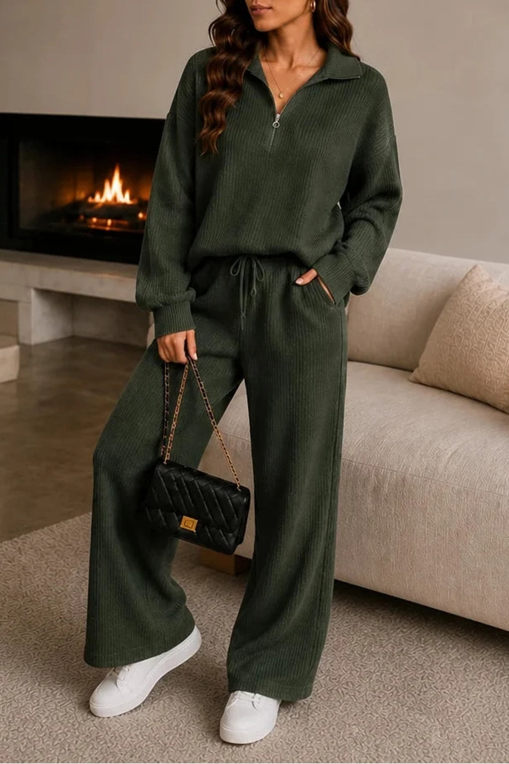 Polyester Knit Loungewear Set With Half-Zip Top - 9