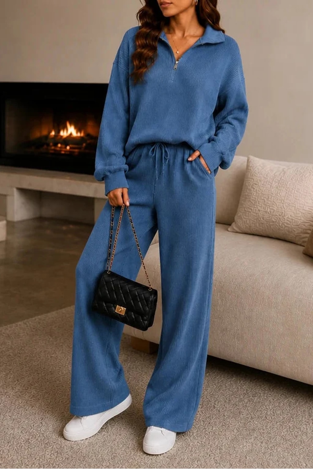 Polyester Knit Loungewear Set With Half-Zip Top - 10