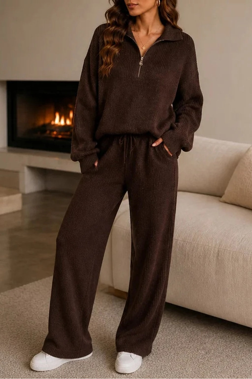Polyester Knit Loungewear Set With Half-Zip Top - 11