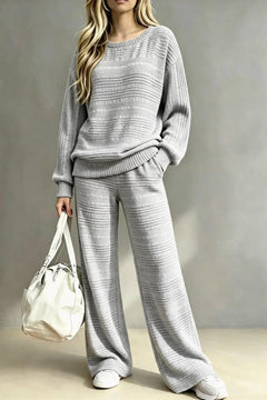 Knit Two-Piece Set With O-Neck Pullover And Wide Leg Pants - 2