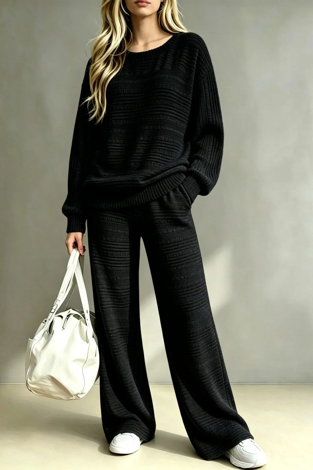 Knit Two-Piece Set With O-Neck Pullover And Wide Leg Pants - 4