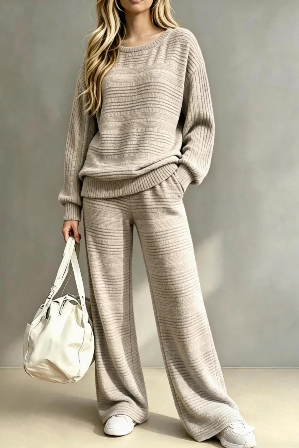 Knit Two-Piece Set With O-Neck Pullover And Wide Leg Pants - 5