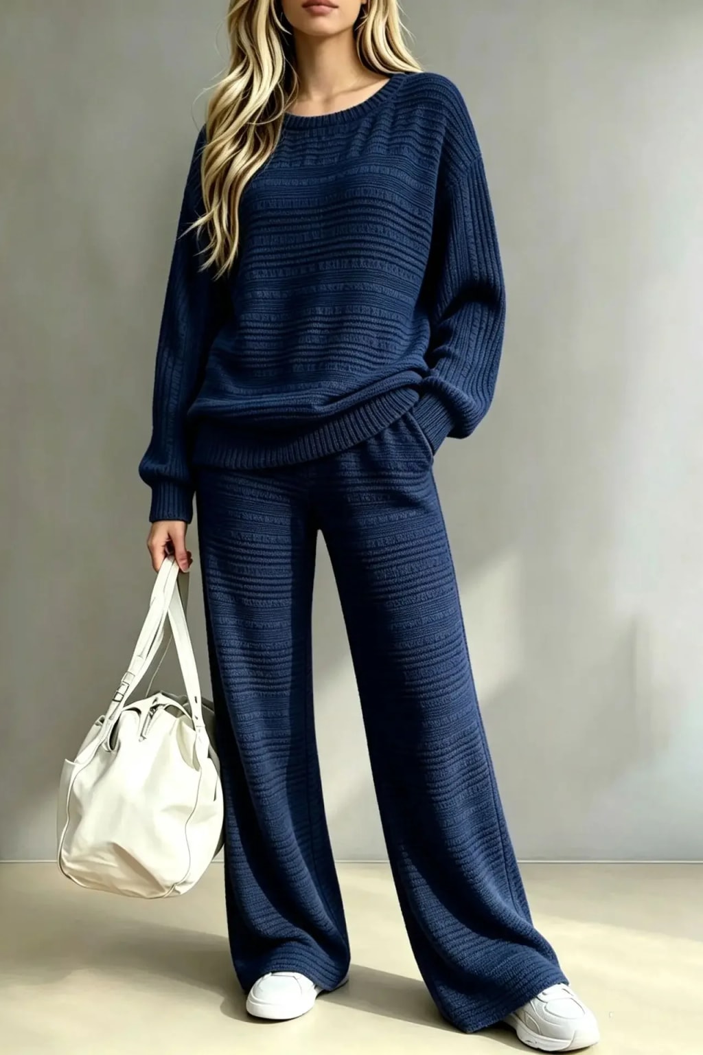 Knit Two-Piece Set With O-Neck Pullover And Wide Leg Pants - 6