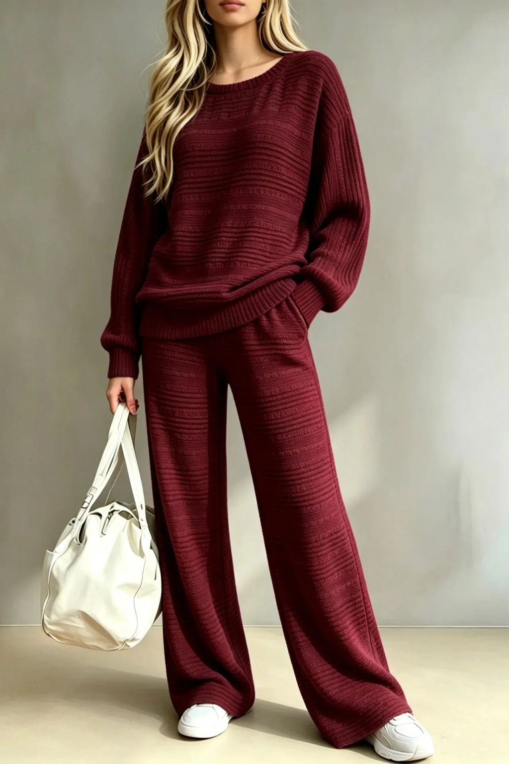 Knit Two-Piece Set With O-Neck Pullover And Wide Leg Pants - 7