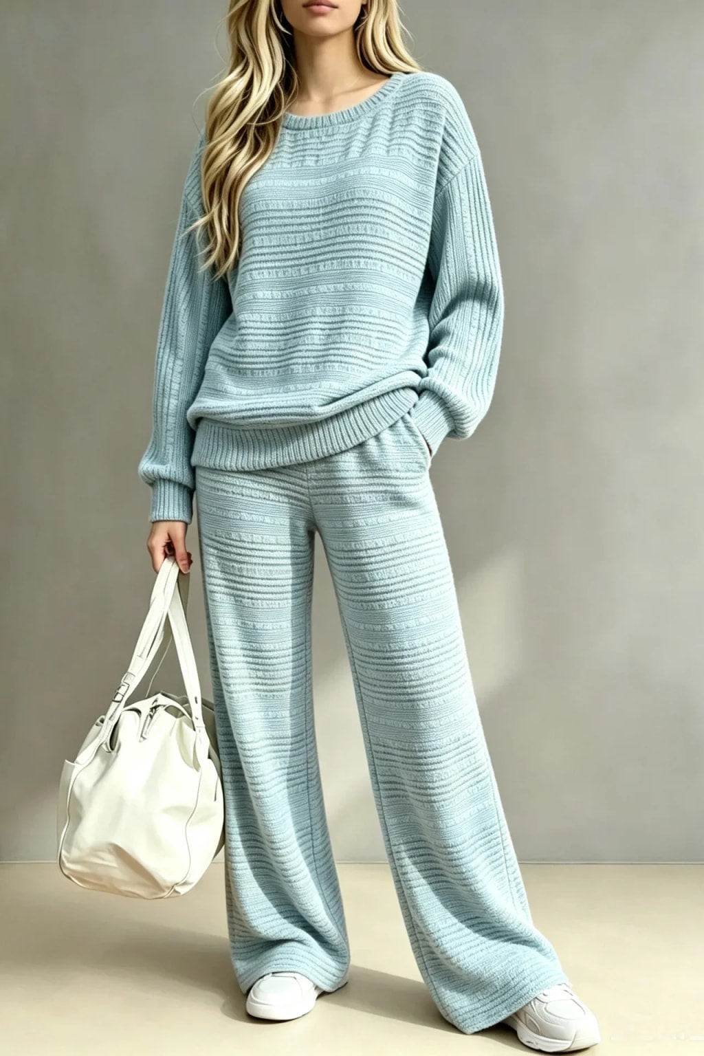 Knit Two-Piece Set With O-Neck Pullover And Wide Leg Pants - 8