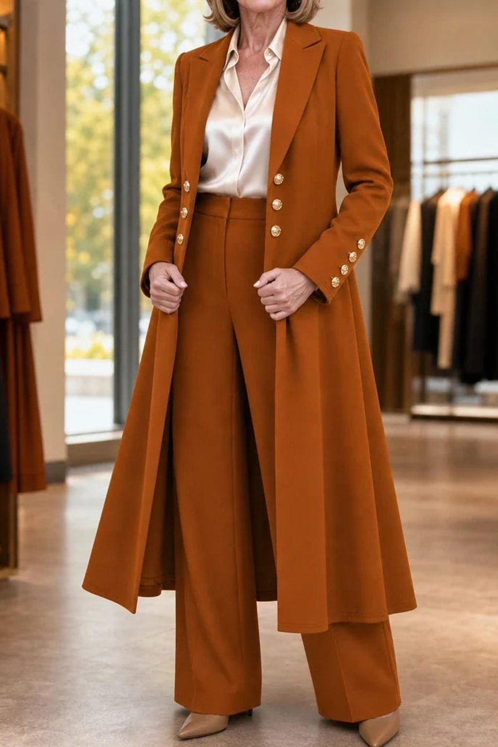 Polyester Longline Pant Suit With Double-Breasted Coat - 2