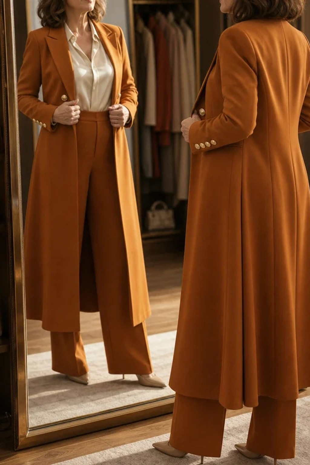 Polyester Longline Pant Suit With Double-Breasted Coat - 4