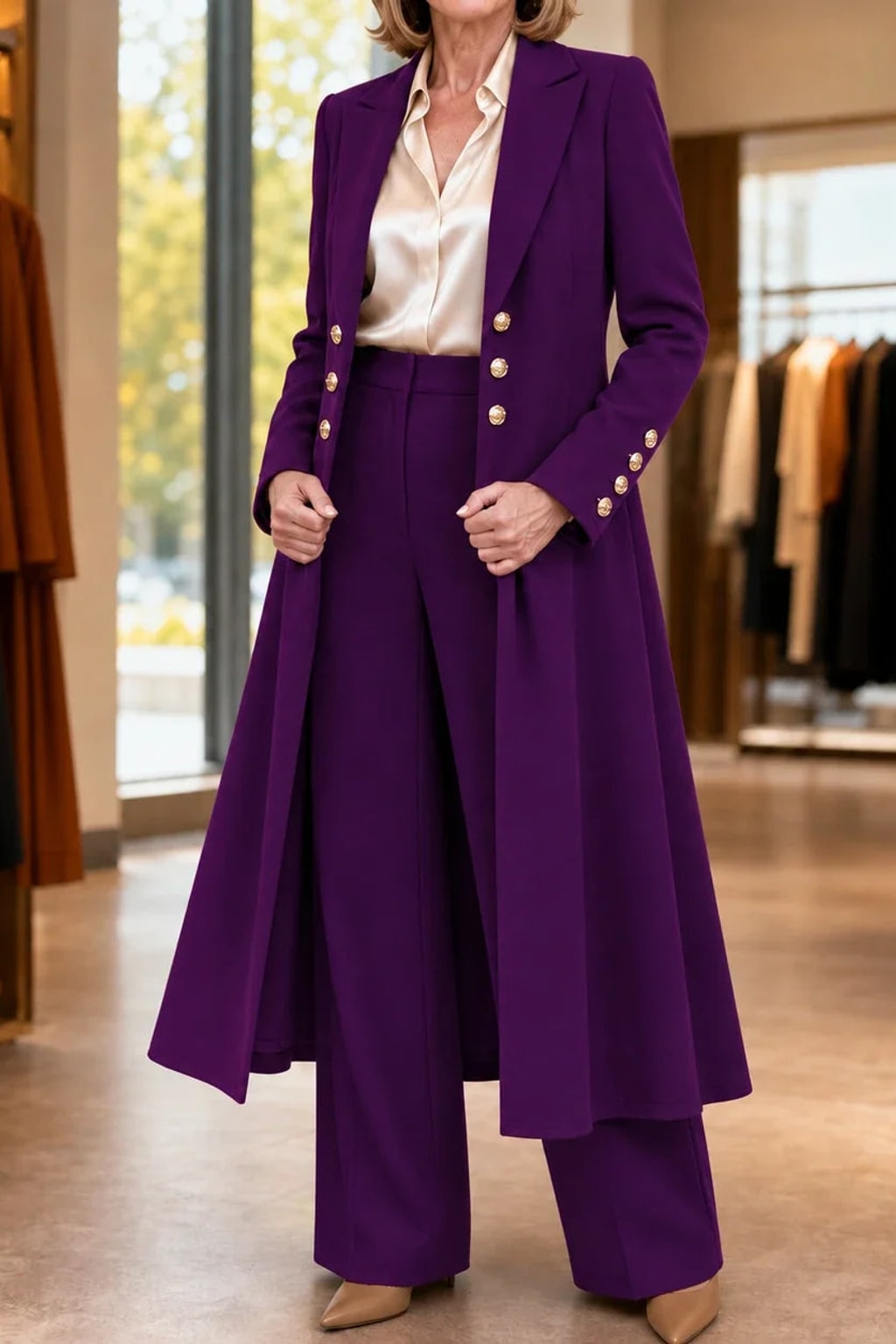 Polyester Longline Pant Suit With Double-Breasted Coat - 5