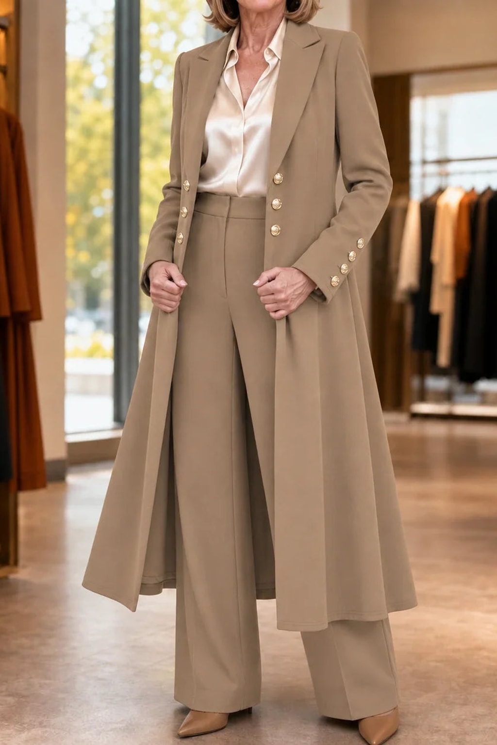 Polyester Longline Pant Suit With Double-Breasted Coat - 6