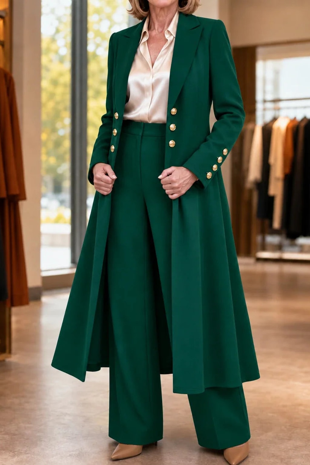 Polyester Longline Pant Suit With Double-Breasted Coat - 7