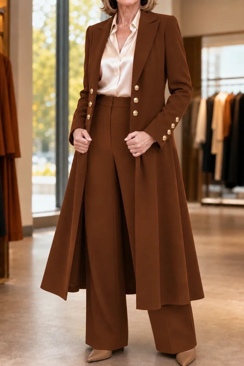 Polyester Longline Pant Suit With Double-Breasted Coat - 9