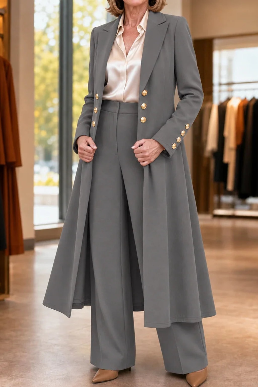 Polyester Longline Pant Suit With Double-Breasted Coat - 10