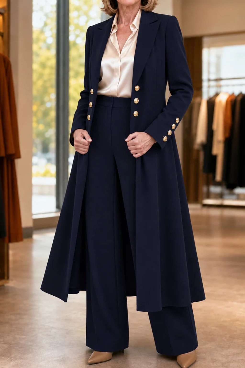 Polyester Longline Pant Suit With Double-Breasted Coat - 11