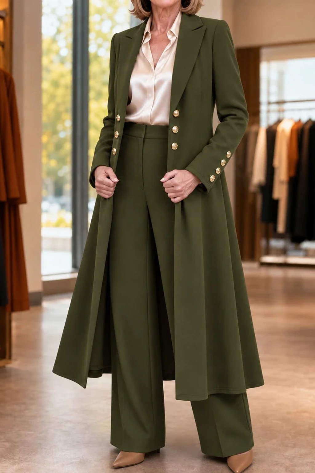 Polyester Longline Pant Suit With Double-Breasted Coat - 12