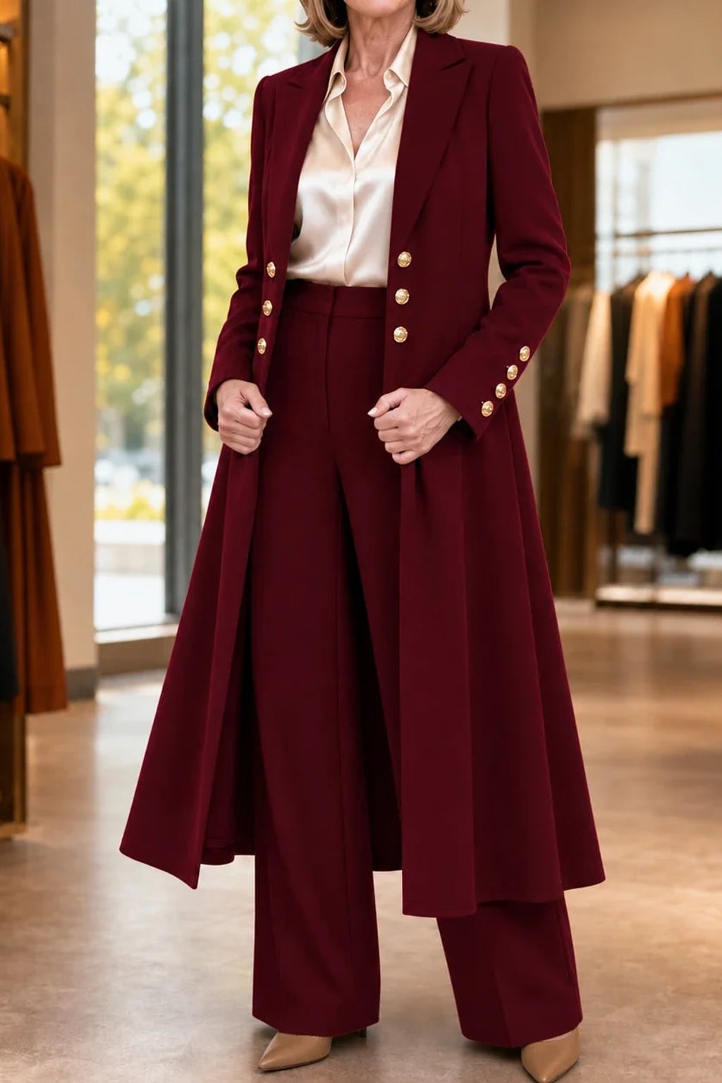 Polyester Longline Pant Suit With Double-Breasted Coat - 13