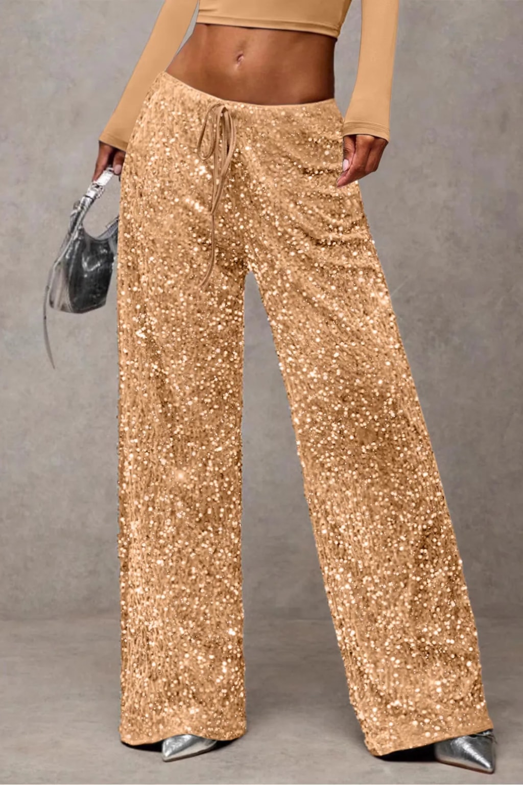 Velvet Wide Leg Pants With Drawstring Waist - 15