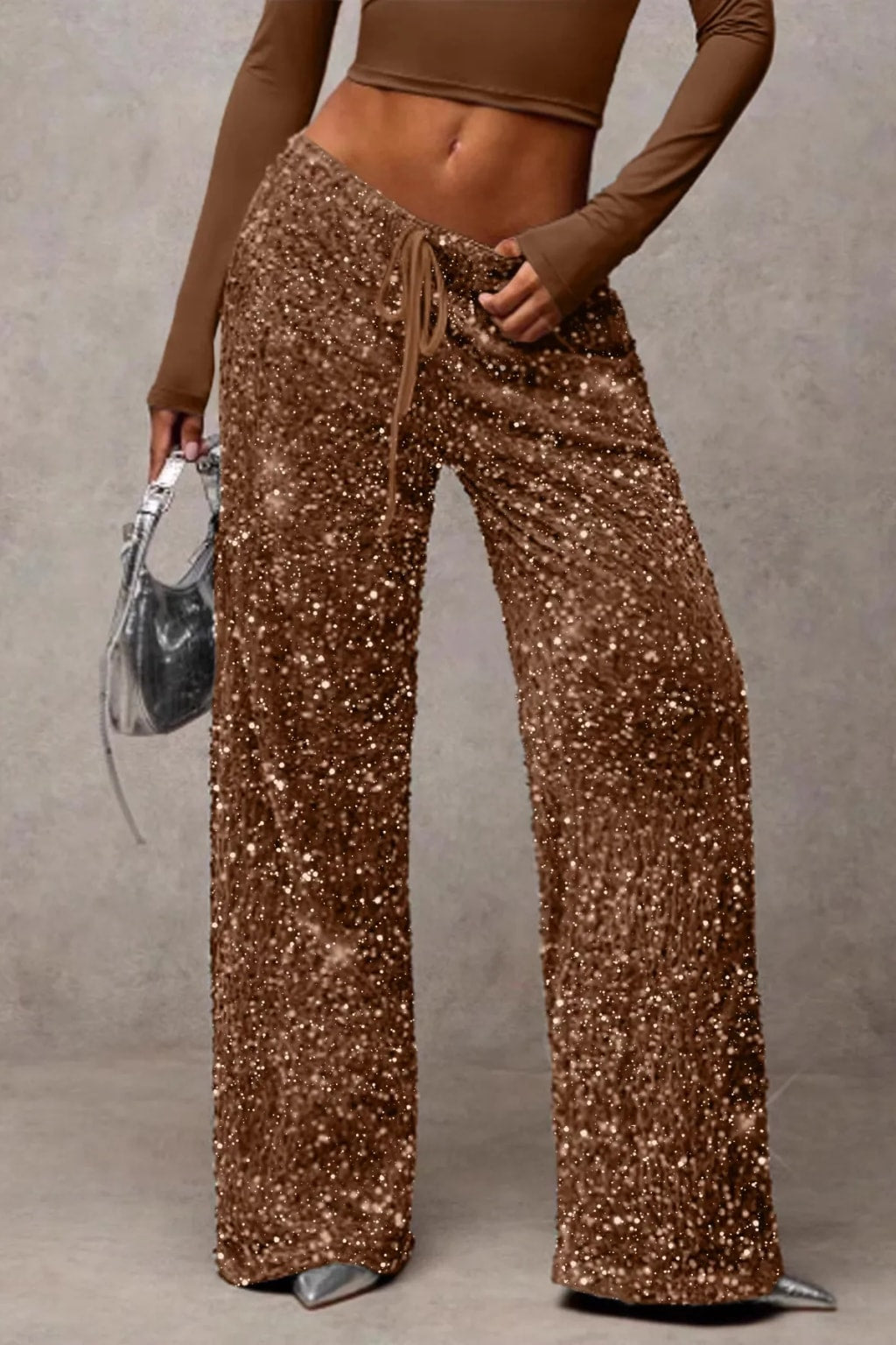 Velvet Wide Leg Pants With Drawstring Waist - 16