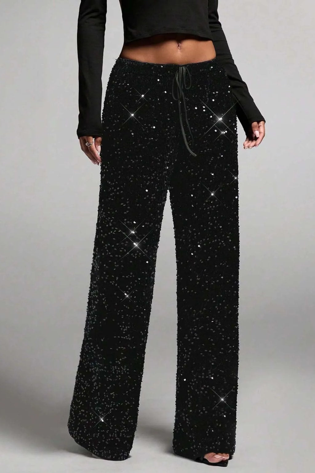 Velvet Wide Leg Pants With Drawstring Waist - 2