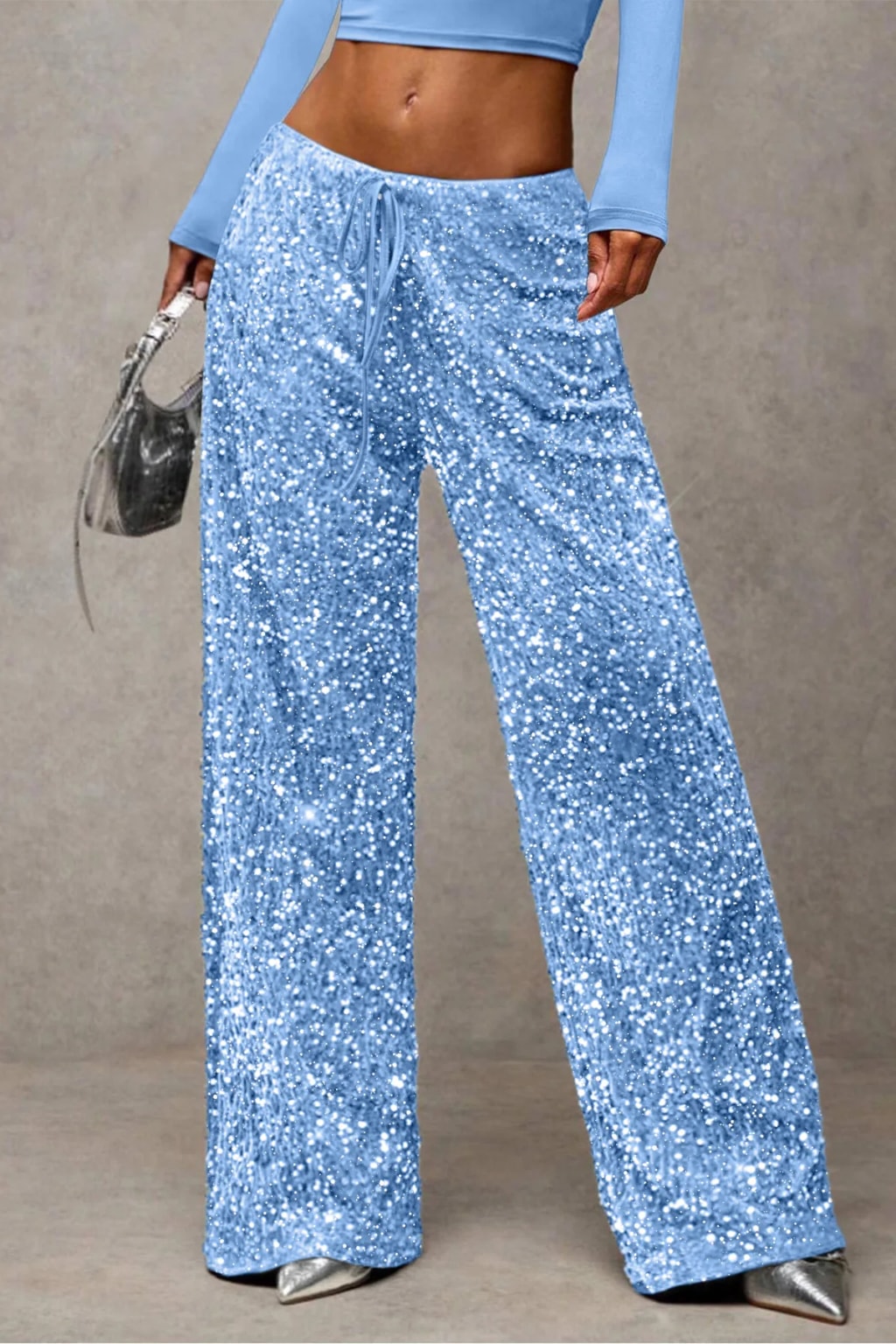Velvet Wide Leg Pants With Drawstring Waist - 13