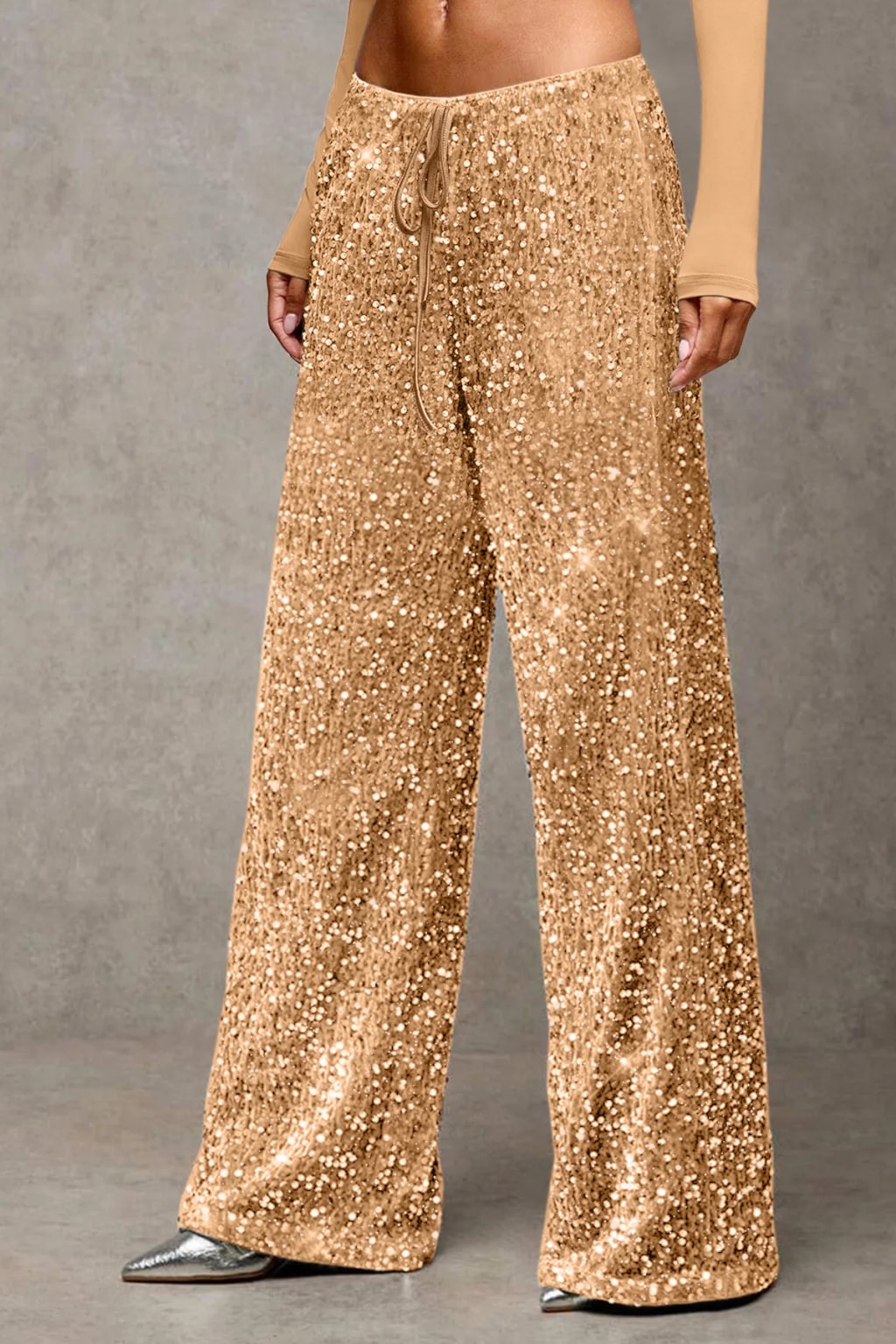 Velvet Wide Leg Pants With Drawstring Waist - 5