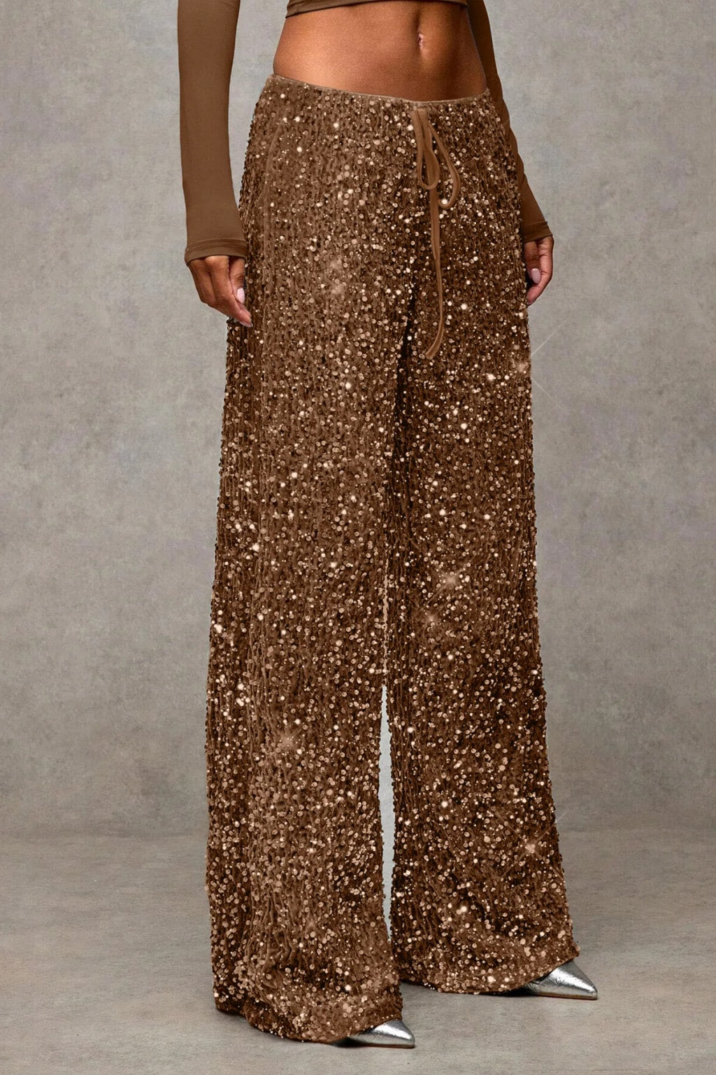 Velvet Wide Leg Pants With Drawstring Waist - 8