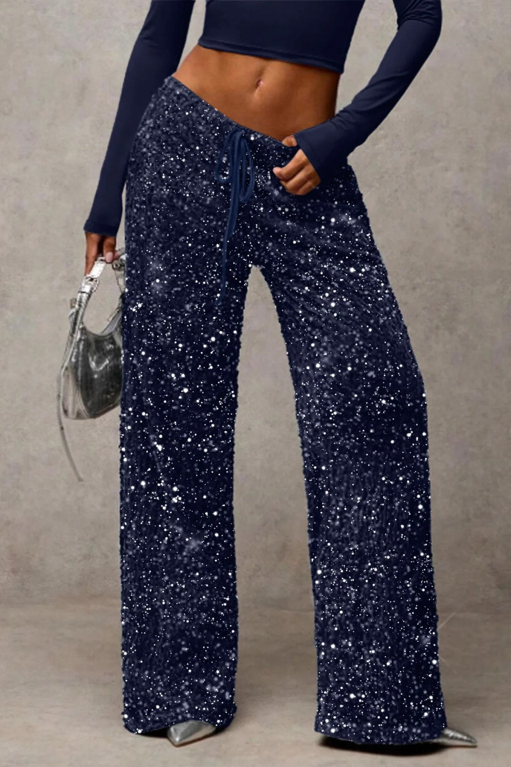 Velvet Wide Leg Pants With Drawstring Waist - 9