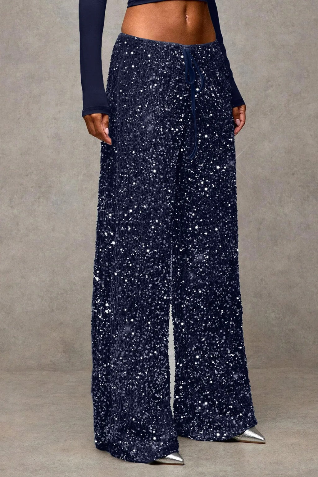 Velvet Wide Leg Pants With Drawstring Waist - 10