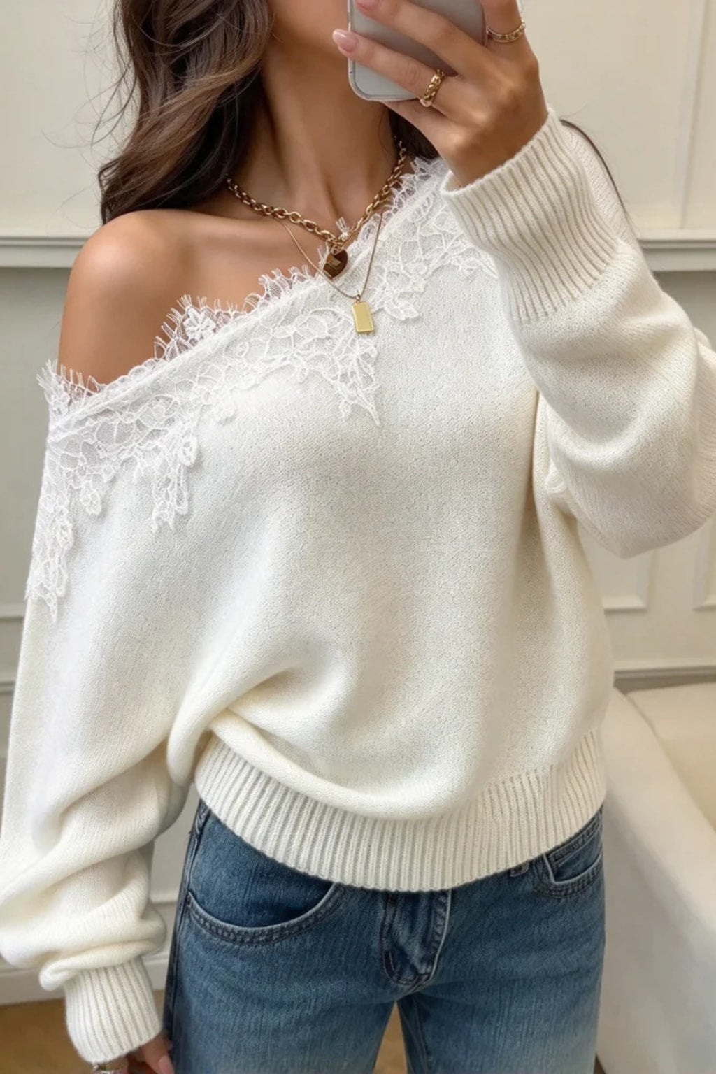 Cotton Cropped Sweater With Off-Shoulder Lace Detail - 7