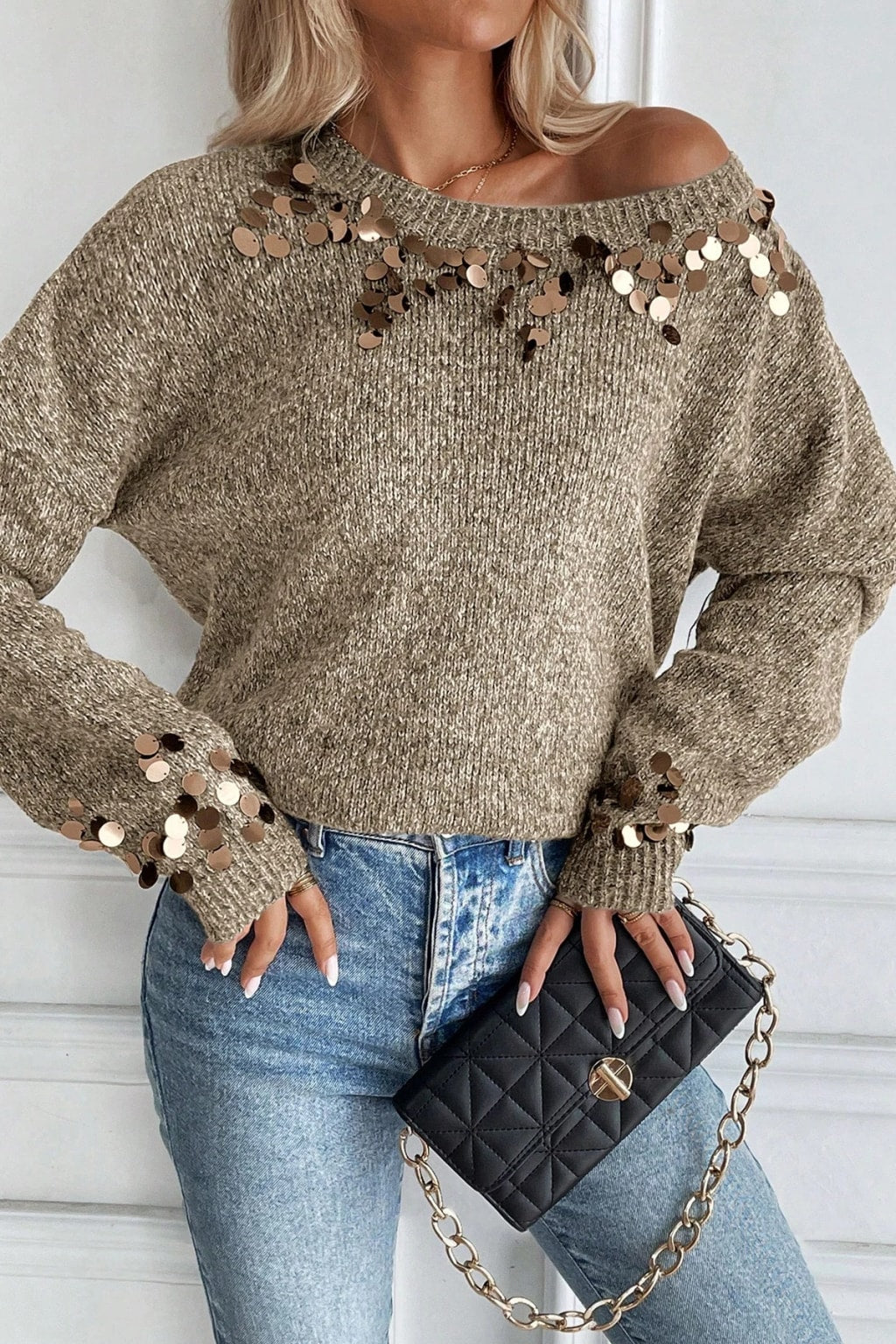 Acrylic Pullover Sweater With Sequined Round Neck - 2