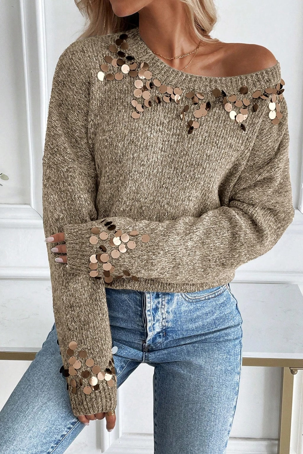 Acrylic Pullover Sweater With Sequined Round Neck - 3