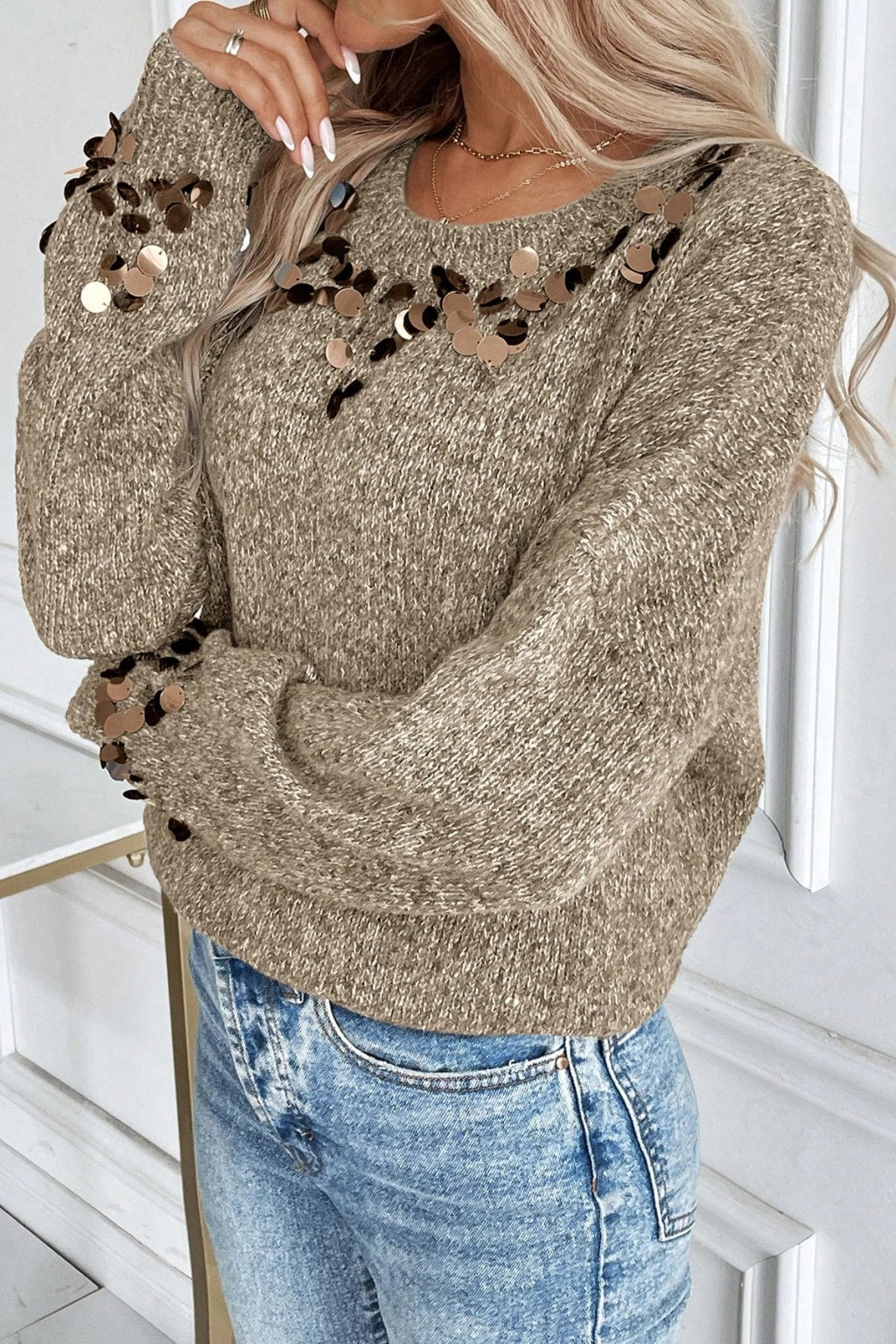 Acrylic Pullover Sweater With Sequined Round Neck - 5