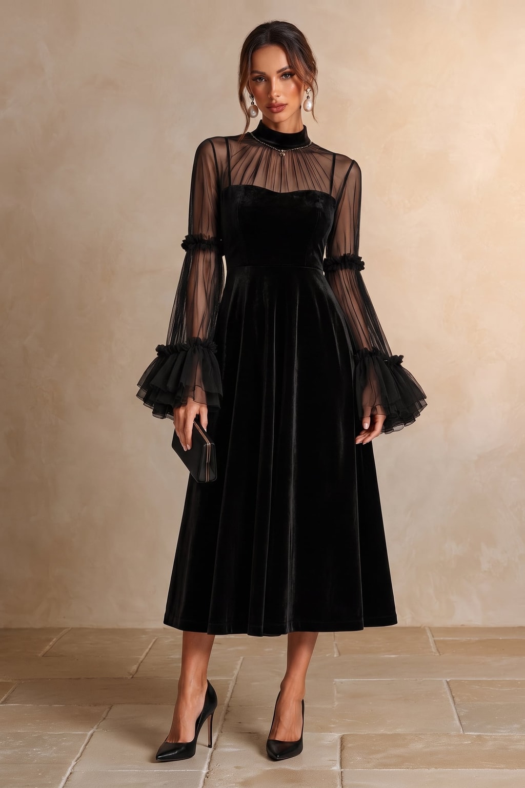Velvet Midi Dress With Sheer Long Sleeves - 2