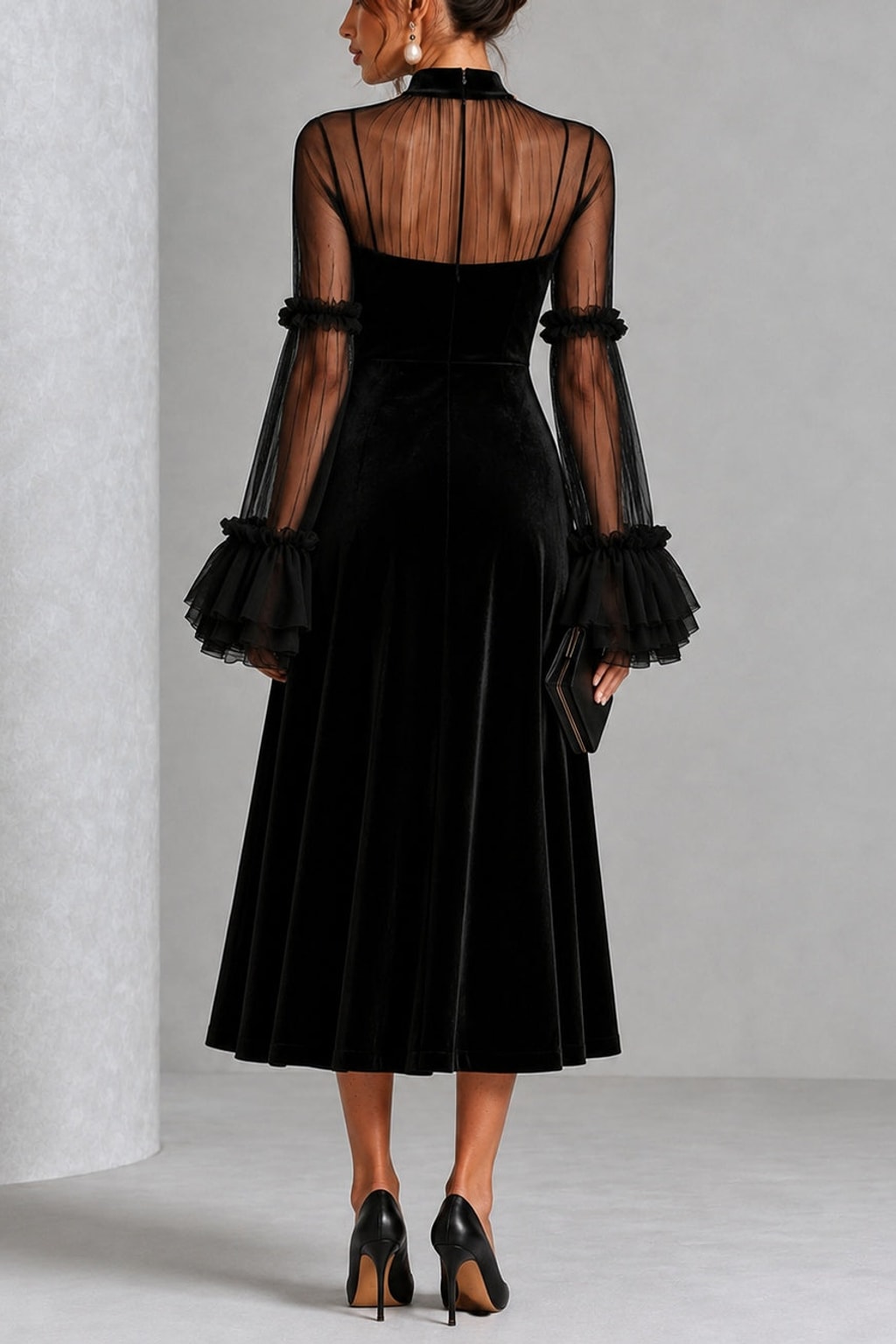 Velvet Midi Dress With Sheer Long Sleeves - 3