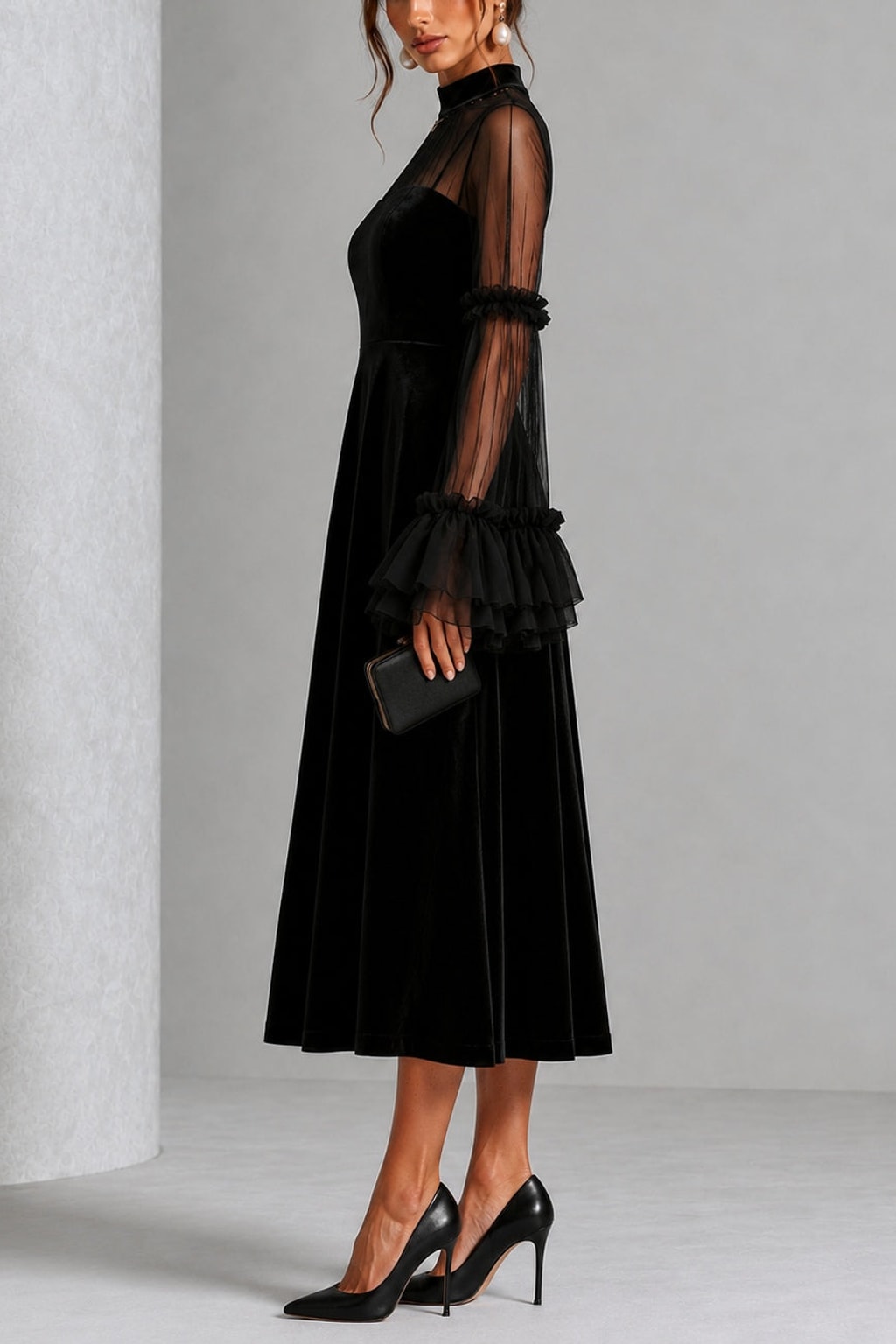 Velvet Midi Dress With Sheer Long Sleeves - 4