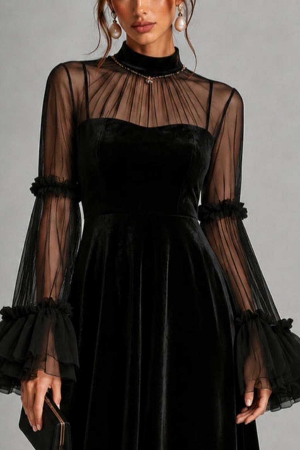 Velvet Midi Dress With Sheer Long Sleeves - 5