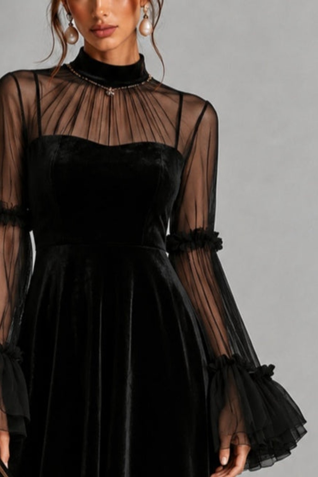 Velvet Midi Dress With Sheer Long Sleeves - 6