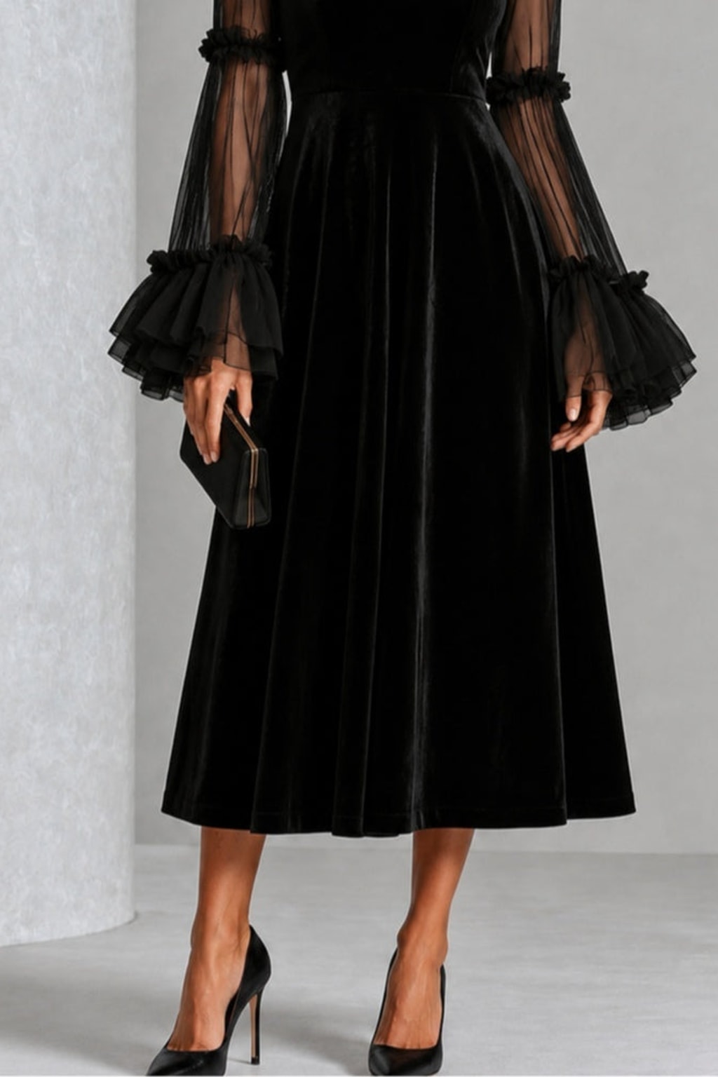 Velvet Midi Dress With Sheer Long Sleeves - 7