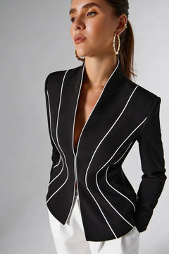Polyester Slim Fit Black Blazer With White Piping - 2