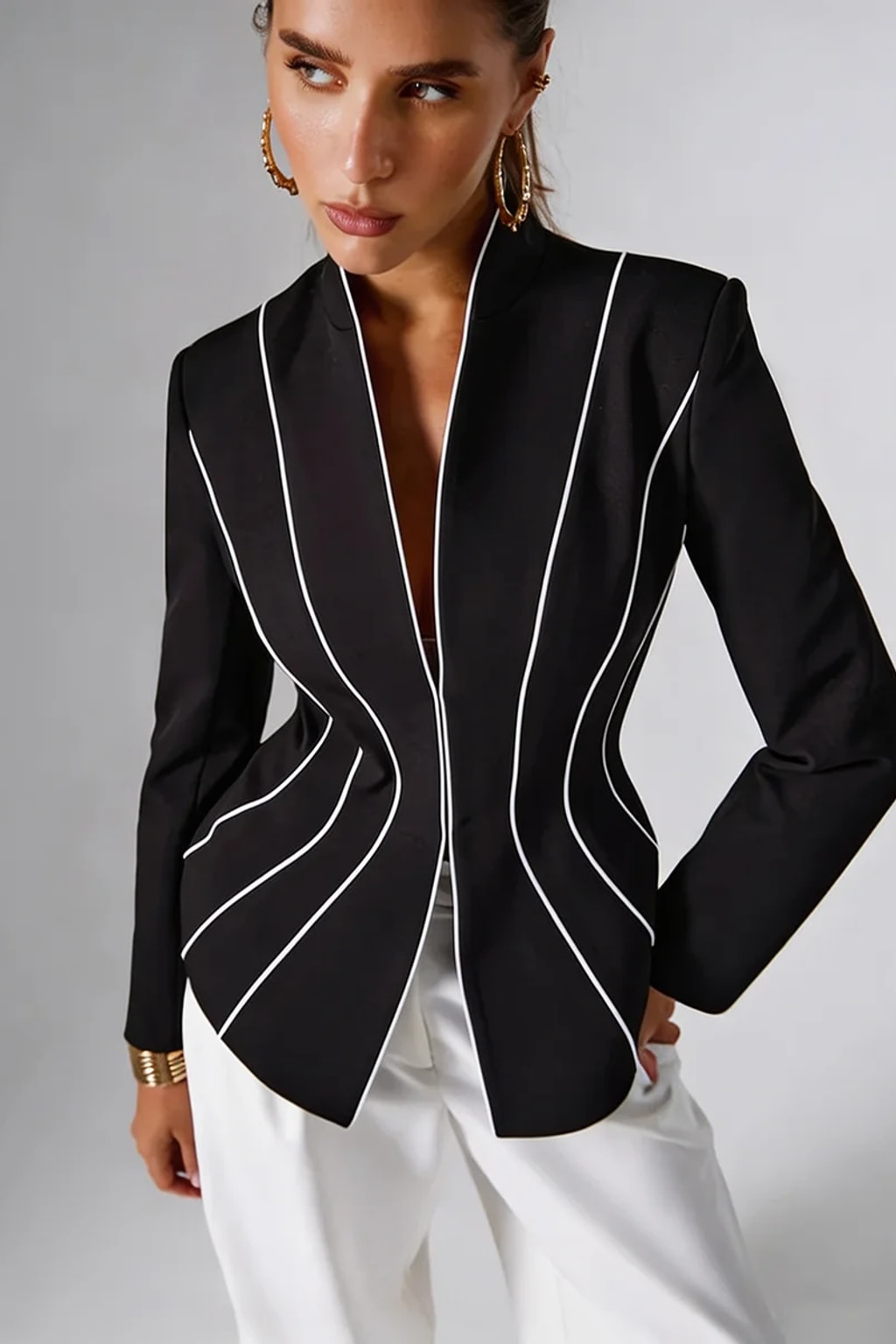 Polyester Slim Fit Black Blazer With White Piping - 5