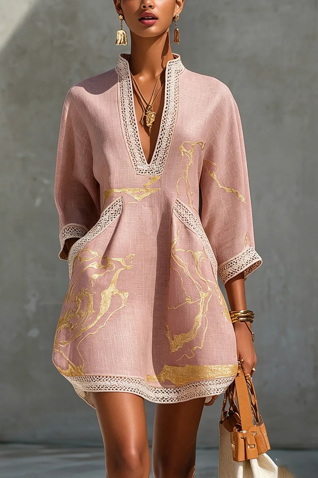 Cotton Mini Dress With Deep V Neckline And Crochet Lace - 7