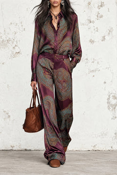 Satin Matching Set With Paisley Print And Wide-Leg Pants - 2
