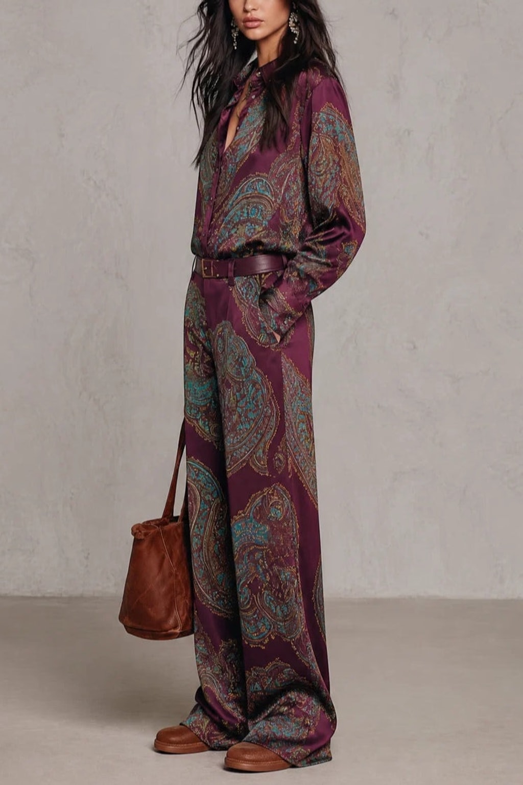 Satin Matching Set With Paisley Print And Wide-Leg Pants - 3