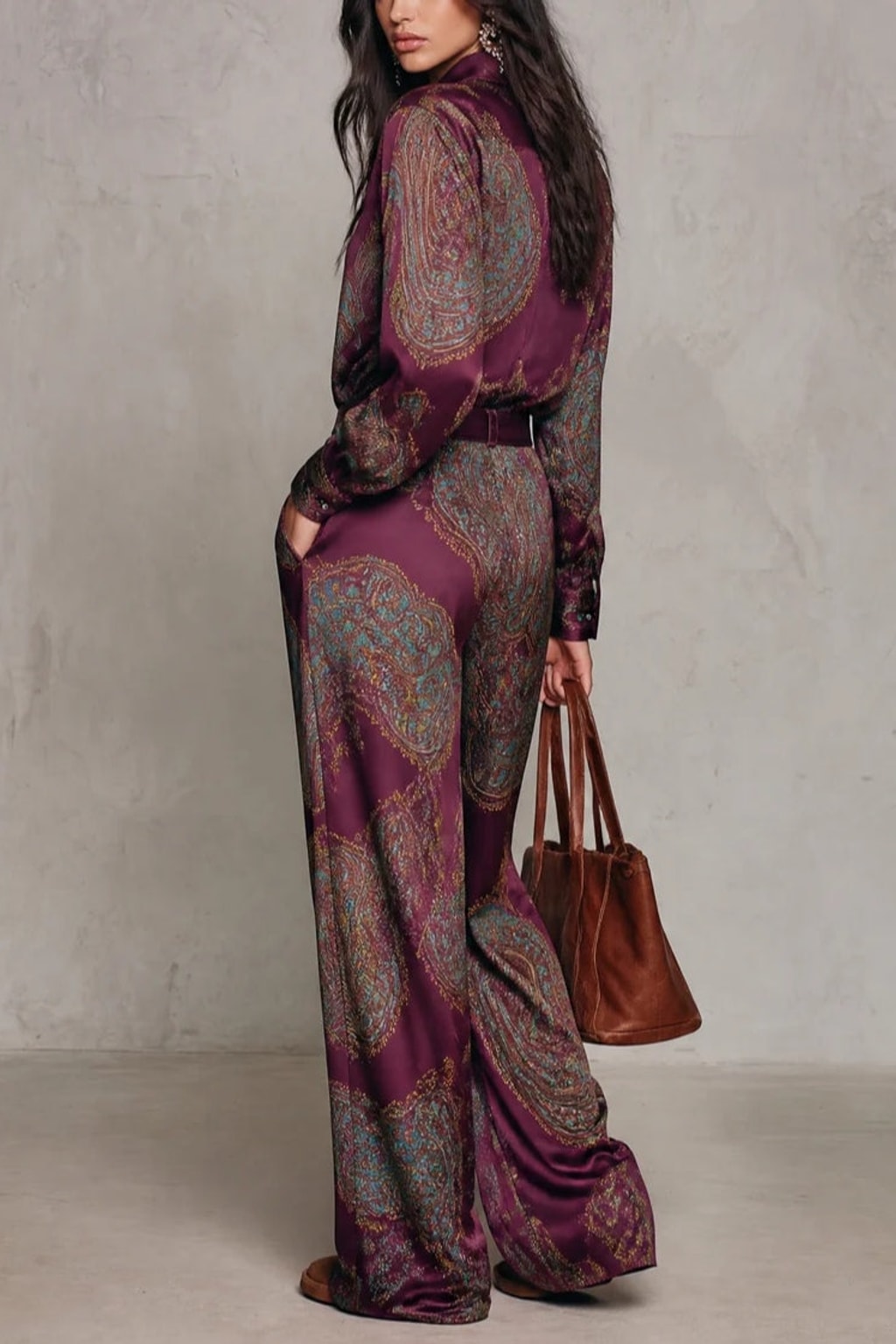 Satin Matching Set With Paisley Print And Wide-Leg Pants - 4