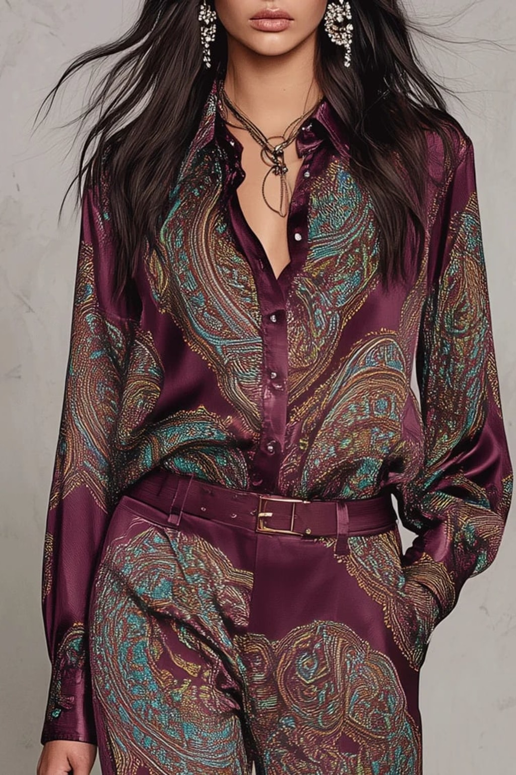 Satin Matching Set With Paisley Print And Wide-Leg Pants - 5