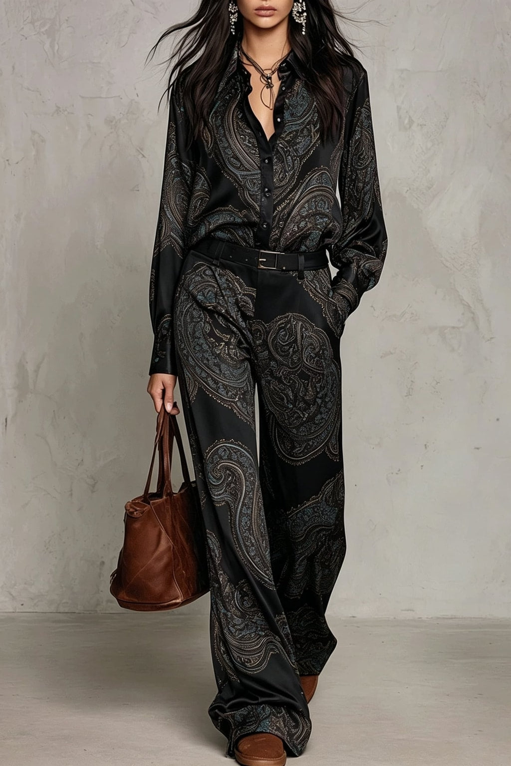 Satin Matching Set With Paisley Print And Wide-Leg Pants - 6